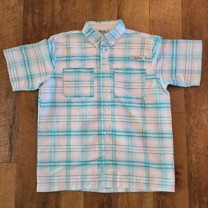 HABIT Men's Size Large Button Up Short Sleeve Shirt Fishing Vented Green White